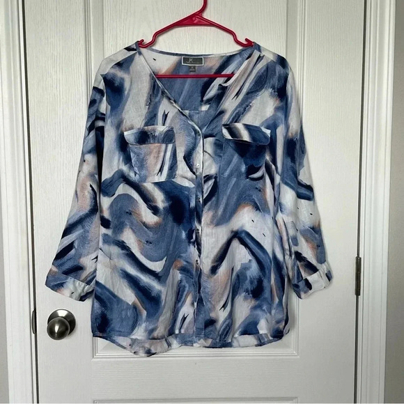 JM Collection 100% Linen Multicolored Top Ouse 3/4 Sleeve Rollup Size 12 - Picture 2 of 9